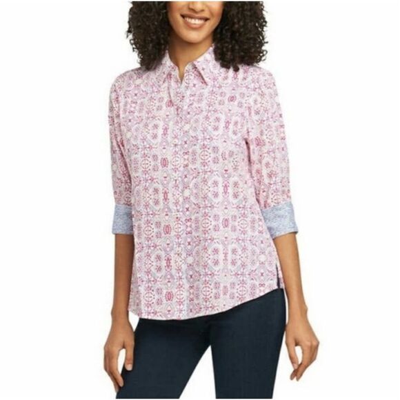 Foxcroft Easy Care Poplin 3/4 Length Flip Cuff Sleeve Blouse Women’s Large Stret - Picture 1 of 9